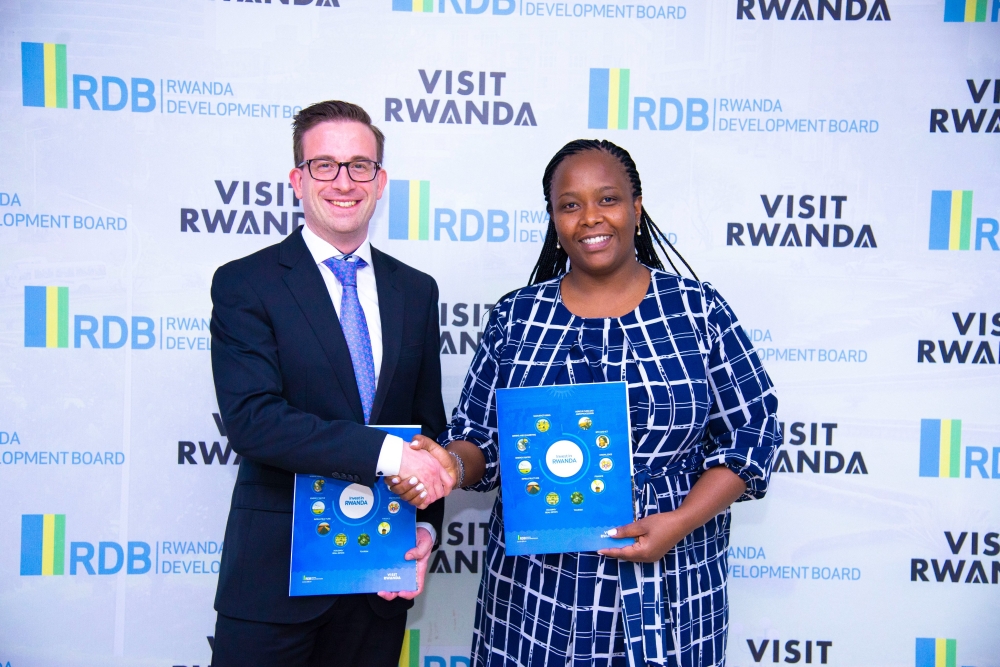 Rwanda Development Board CEO Clare Akamanzi and a representative of  US-based global drone firm Auterion during the signing of the agreement  in Kigali on Tuesday, December 20. Courtesy