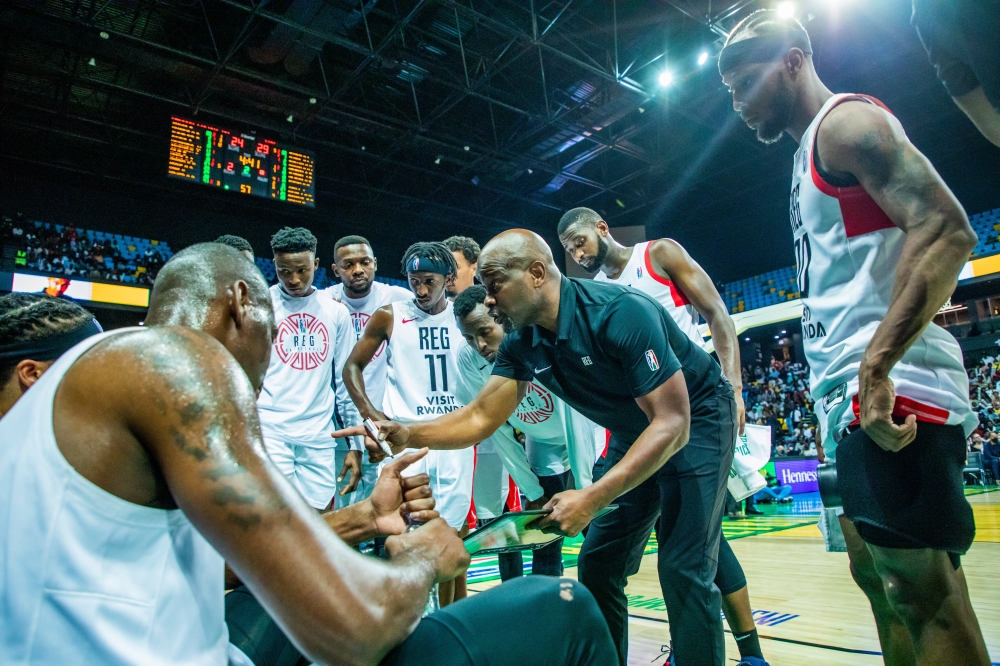The Rwanda Energy Group (REG)-powered team head coach instruct his players during the game against PAF at the Basketball Africa League. Olivier Mugwiza