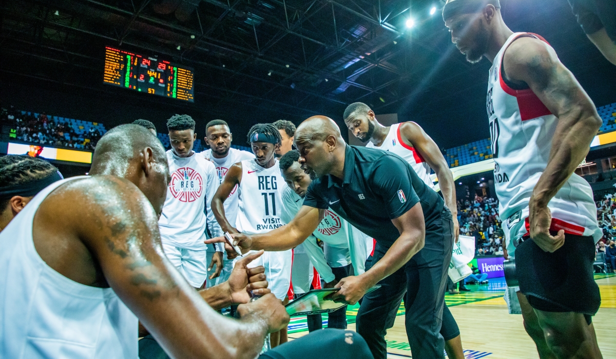 The Rwanda Energy Group (REG)-powered team head coach instruct his players during the game against PAF at the Basketball Africa League. Olivier Mugwiza