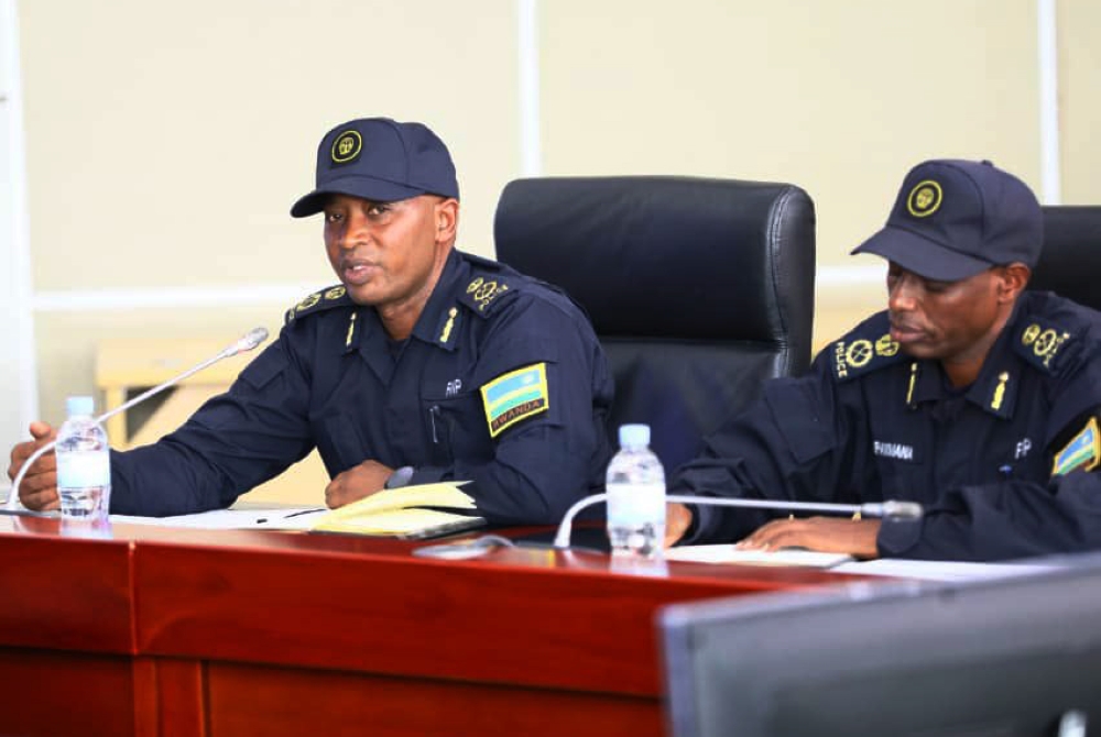 ACP Desire Gumira, the RPC central region and ACP Gerard Mpayimana, the Commissioner for Traffic and Road Safety during a news briefing ahead of the festive seasons in Rwanda, on December 22. While addressing journalists, ACP Mpayimana revealed that Rwanda National Police will deploy more police officers, mobile cameras, patrols, and cars on the roads and arrest those with over-speeding as well as alcotests to detect drunk driving during the festive season countrywide. Courtesy