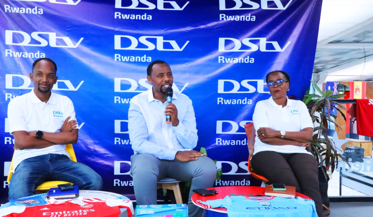 Augustin Muhirwa, the Managing Director of Tele10/DStv Rwanda speaks to journalists during a press conference in Kigali on December 21.  Photo by Dan Kwizera