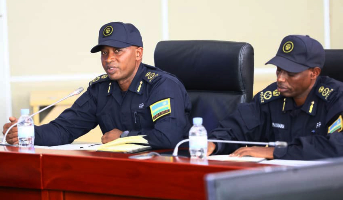 ACP Desire Gumira, the RPC central region and ACP Gerard Mpayimana, the Commissioner for Traffic and Road Safety during a news briefing ahead of the festive seasons in Rwanda, on December 22. While addressing journalists, ACP Mpayimana revealed that Rwanda National Police will deploy more police officers, mobile cameras, patrols, and cars on the roads and arrest those with over-speeding as well as alcotests to detect drunk driving during the festive season countrywide. Courtesy