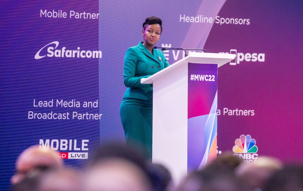 Minister of ICT and Innovation Paula Ingabire speaks at the  Mobile World Congress Africa in Kigali on October 25. Photo by Olivier Mugwiza