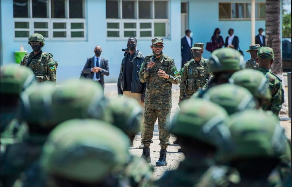 President Paul Kagame speaks to the Rwandan security force who were deployed in Cabo Delgado during his working visit to Mozambique on  September 24, 2021.  Photo by Village Urugwiro