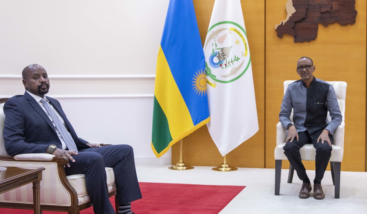 President Kagame receives Lt Gen Muhoozi Kainerugaba, senior presidential advisor on special operations, to discuss Rwanda-Uganda relations in Kigali on Monday, March14, 2022.