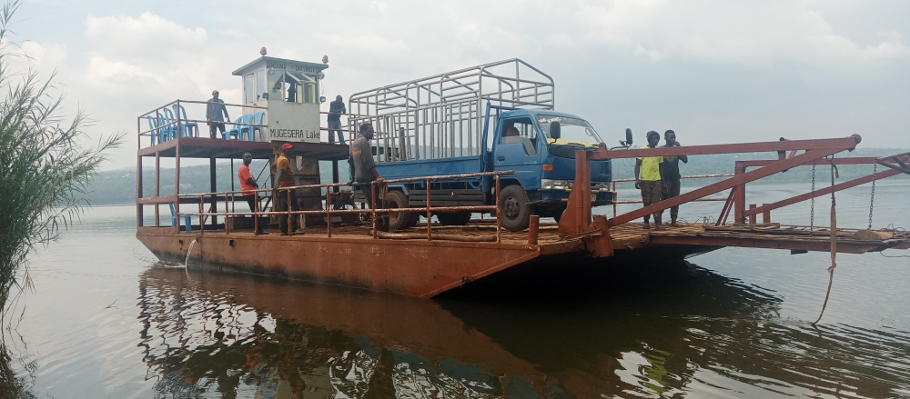 The revamped ferry transporting a vehicle in Lake Mugesera.  Residents of Mugesera and Zaza are optimistic of future markets as stranded ferry resumes operations along Mugesera Lake. Photo by Emmanuel Nkangura