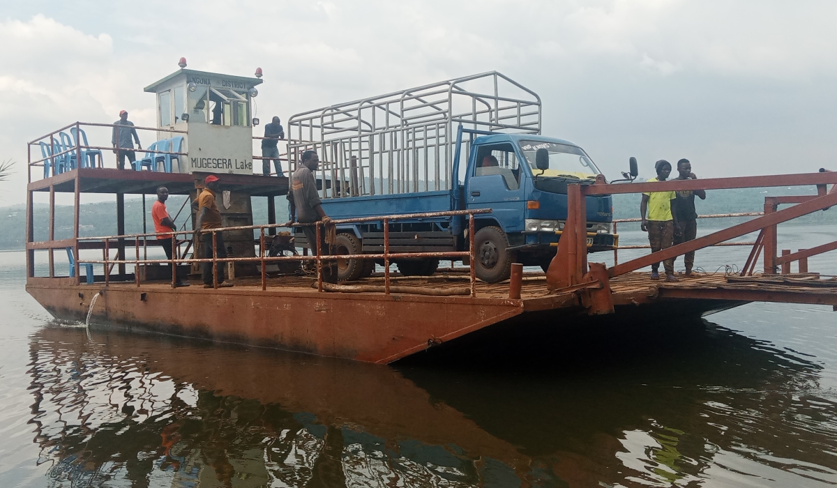 The revamped ferry transporting a vehicle in Lake Mugesera.  Residents of Mugesera and Zaza are optimistic of future markets as stranded ferry resumes operations along Mugesera Lake. Photo by Emmanuel Nkangura
