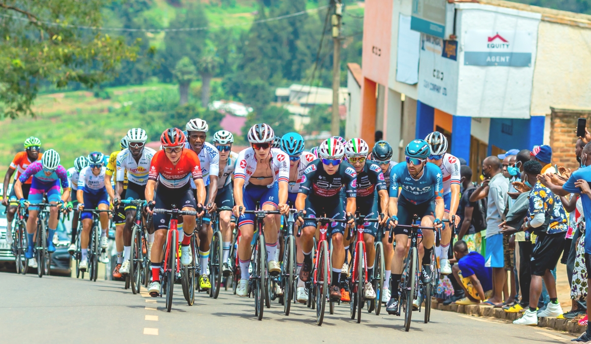 Cyclists in peloton  during Tour du Rwanda 2021 final stage in Kigali. The 15th edition of Tour du Rwanda cycling race is scheduled for February 19-26, 2023. Courtesy