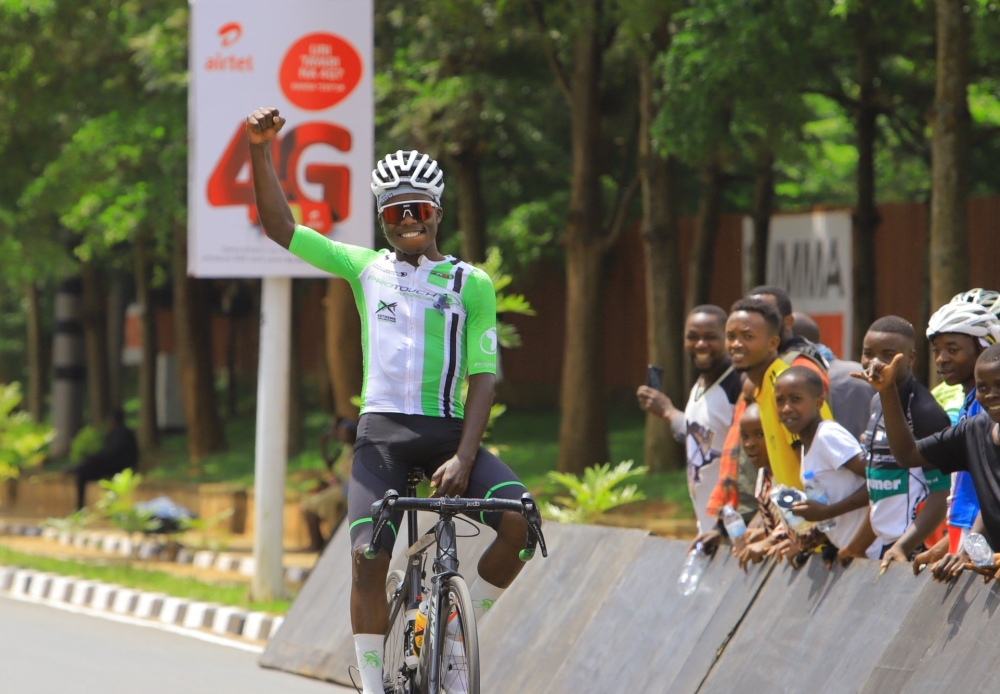 Moise Mugisha celebrates his victory during Race To Remember . Mugisha is determined to take his 2022 impressive form to the highly anticipated Tour du Rwanda 2023. Courtesy