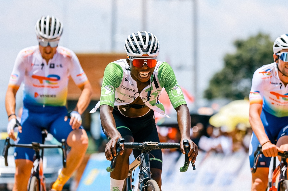 Cyclist Moise Mugisha crosses the finish line to win stage 8 of theTour du Rwanda 2022 edition. Mugisha became the first Rwandan to win a stage in Tour du Rwanda since UCI sanctioned the race 2.1. Courtesy