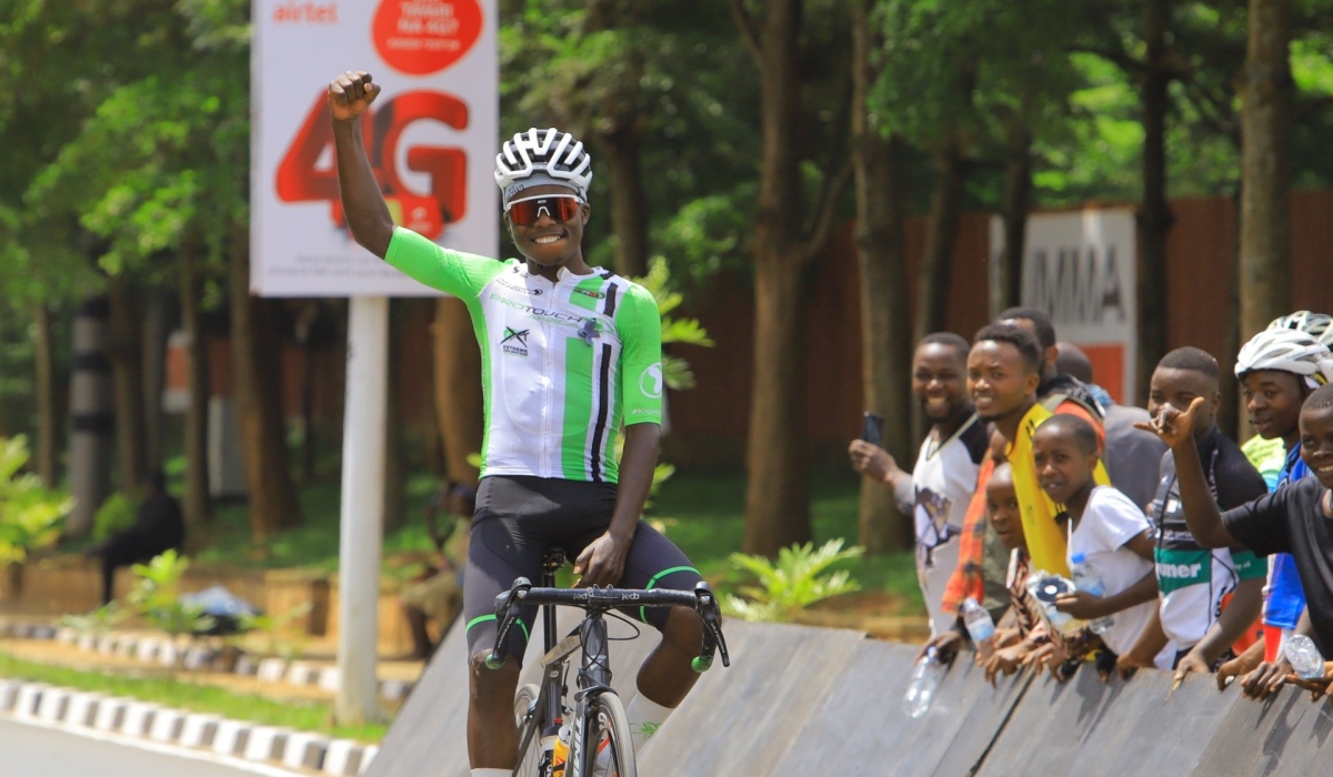 Moise Mugisha celebrates his victory during Race To Remember . Mugisha is determined to take his 2022 impressive form to the highly anticipated Tour du Rwanda 2023. Courtesy