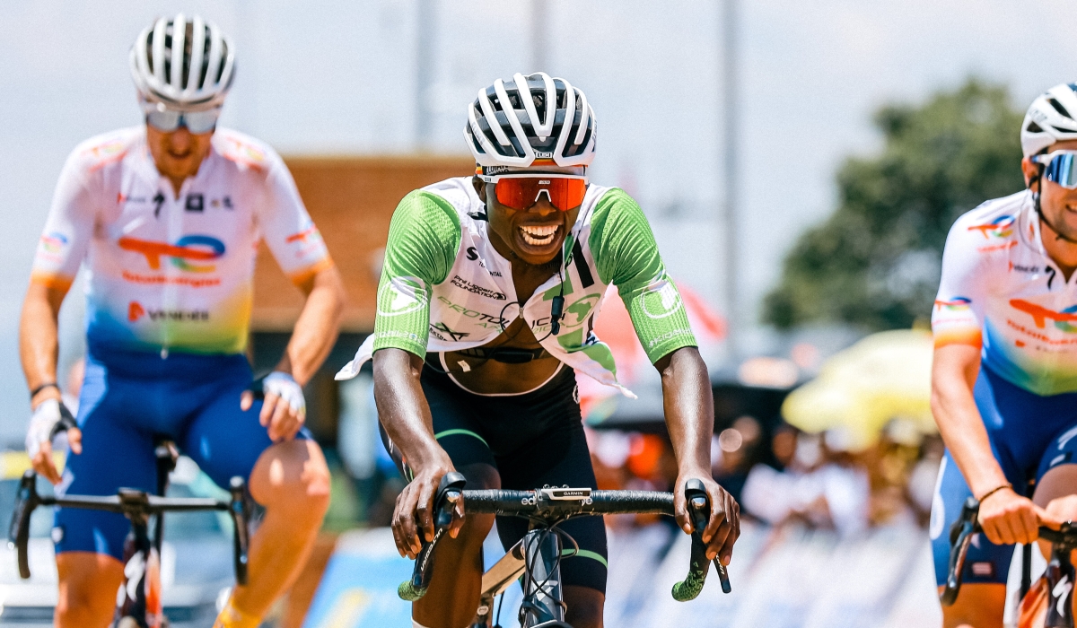 Cyclist Moise Mugisha crosses the finish line to win stage 8 of theTour du Rwanda 2022 edition. Mugisha became the first Rwandan to win a stage in Tour du Rwanda since UCI sanctioned the race 2.1. Courtesy