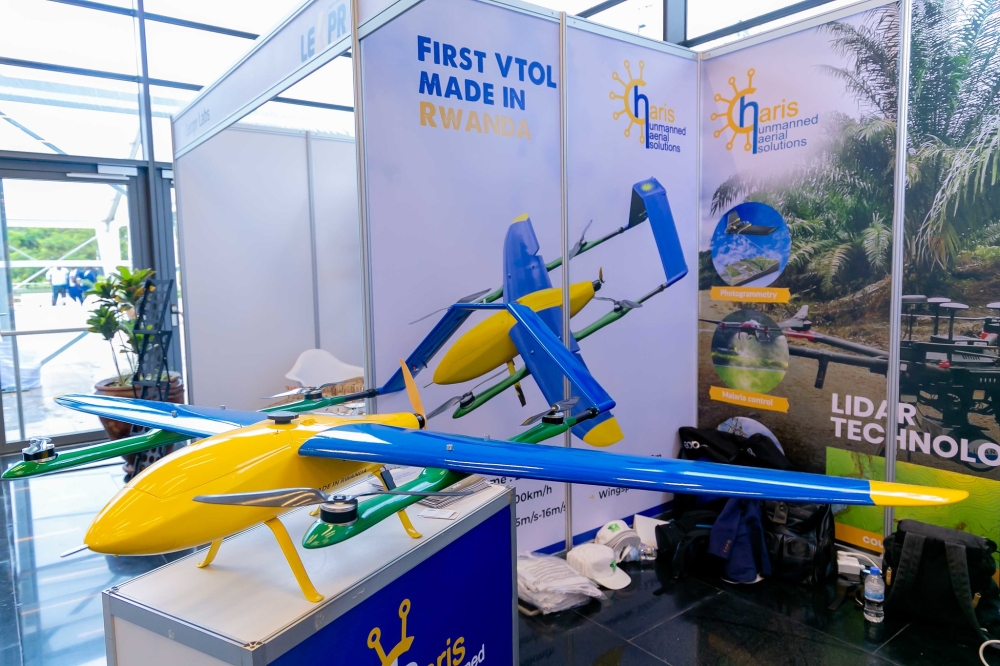 The first made in Rwanda drone on display during the Africa Drone Forum held in Kigali in February 2020. The drone was made by local drone solutions firm Charis UAS. Sam Ngendahimana