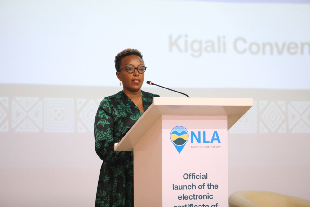 Director General of National Land Authority, Esperance Mukamana, speaking during the launch of digitized land titles system