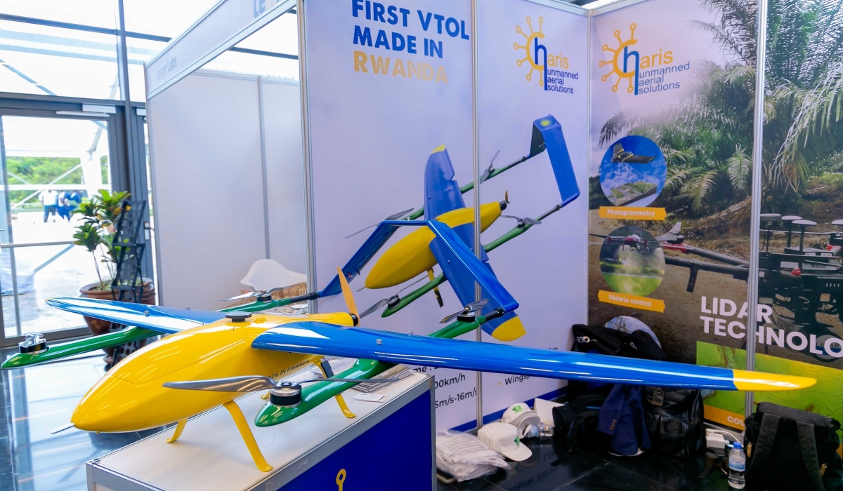 The first made in Rwanda drone on display during the Africa Drone Forum held in Kigali in February 2020. The drone was made by local drone solutions firm Charis UAS. Sam Ngendahimana
