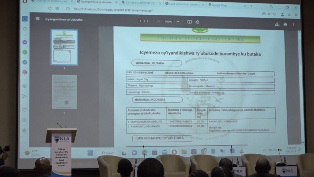 Esperance Mukamana, Director General, National Land Authority, said that residents will start applying for the electronic land titles beginning Monday, January 9, through the Authority’s website.Courte