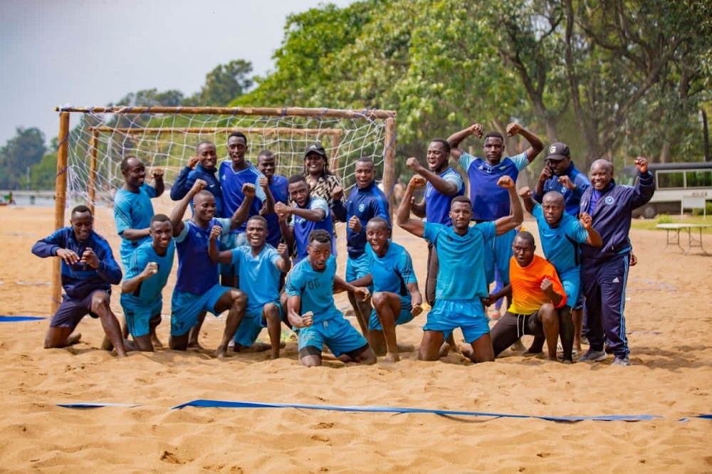 Police Handball team players celebrate the victory in Rubavu. Champions Police handball club retained the men’s beach handball title for the second time in a row on Sunday, January 8.