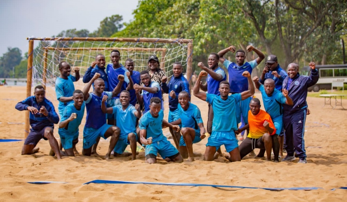 Police Handball team players celebrate the victory in Rubavu. Champions Police handball club retained the men’s beach handball title for the second time in a row on Sunday, January 8.