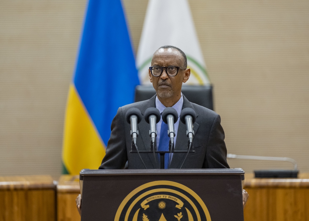 President Paul Kagame addresses delegates during the swearing-in of Senator François-Xavier Kalinda, on Monday, January 9. Photo by Olivier Mugwiza