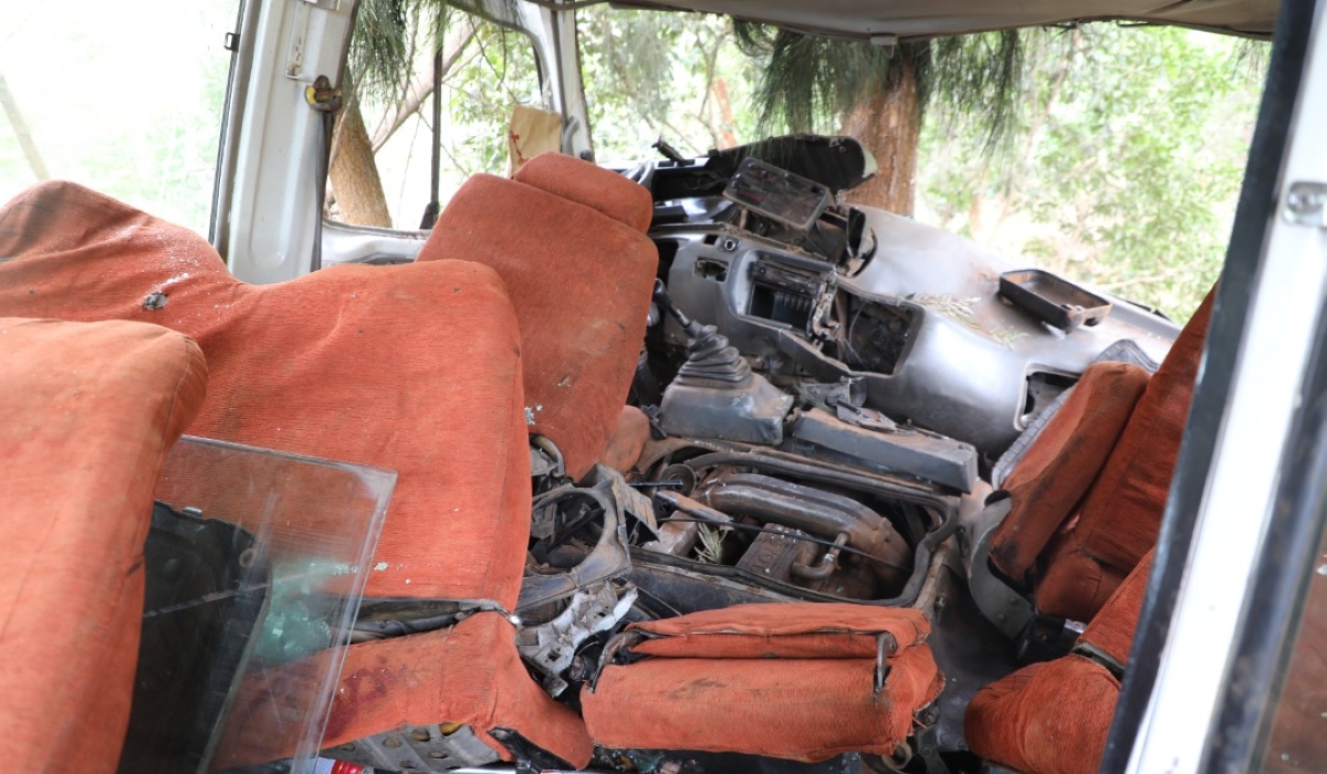 Inside the school bus that involved in the accident in which 25 children were injured and the driver and a teacher, at Rebero area, in Kigarama Sector, Kicukiro District on Monday, January 9. The children were going to begin their second term studies at Path To Success primary school. Photo by Craish Bahizi
