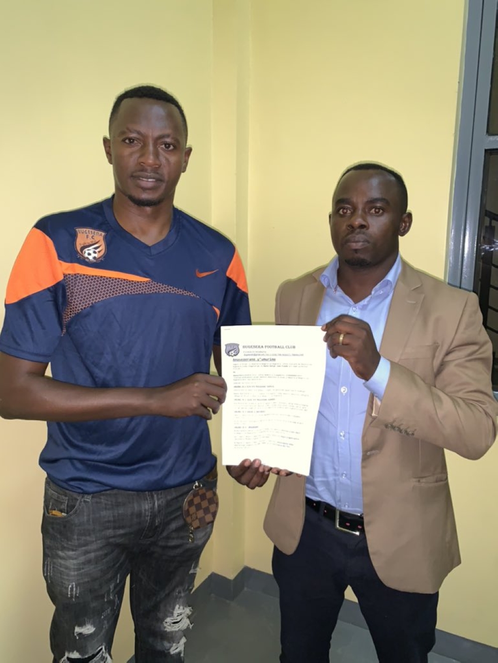 Former Police FC stopper Jean Luc Ndayishimiye during the signing event of a six month deal with Bugesera FC. Courtesy