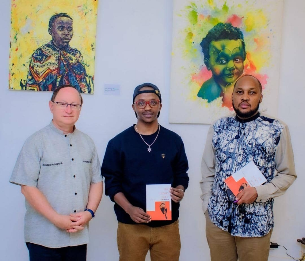 Fred Mfuranzima, in the middle, posing for a photo with Dr Don Adam, Israel&#039;s ambassador in Rwanda (L), and Dr Ryarasa Nkurunziza during the pre-launch of the book.
