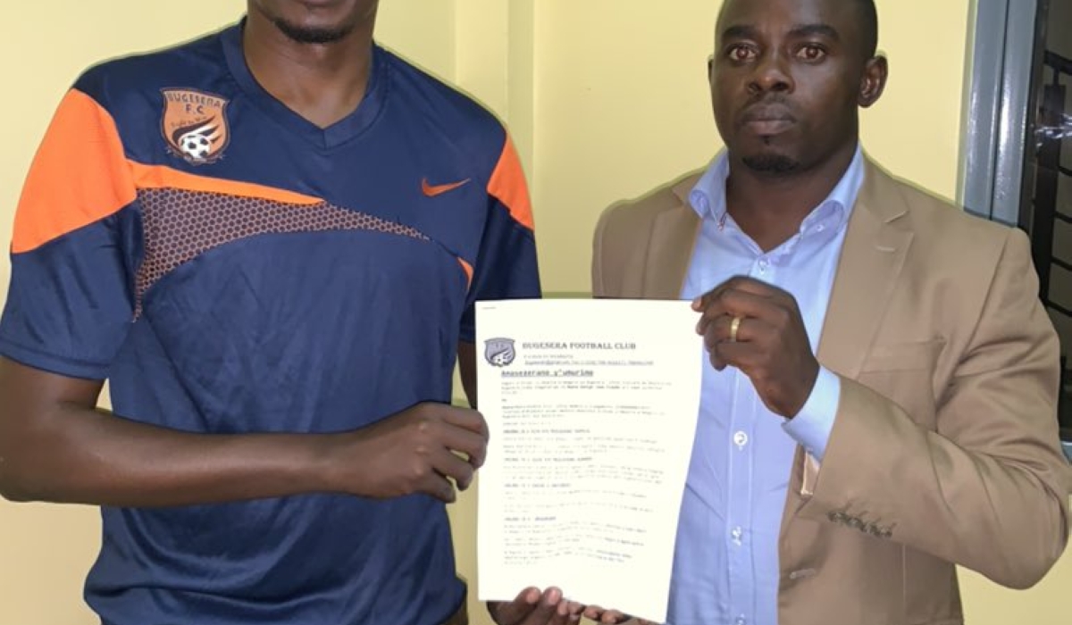 Former Police FC stopper Jean Luc Ndayishimiye during the signing event of a six month deal with Bugesera FC. Courtesy