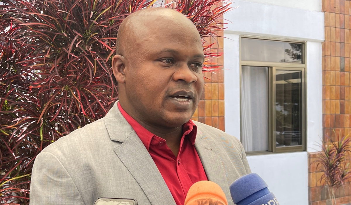 MP Omar Munyaneza, Chairperson of the Committee on National Budget and Patrimony speaking to journalists about the tax procedure bill, at Parliamentary buildings, on January 11, 2022. Emmanuel Ntirenganya