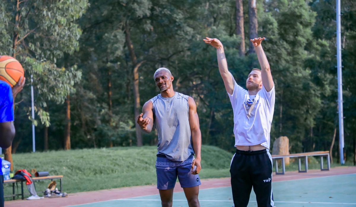 American point guard William Perry, and Nigerian forward cum center, Francis Azolibe, the new players who joined Kigali Titans BBC during a training session at Kicukiro. Dan Kwizera