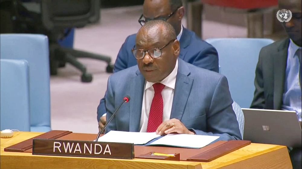 Rwanda’s Permanent Representative to the United Nations, Amb Claver Gatete delivers remarks during a UN Security Council Open Debate on the Rule of Law  in New York, on January 12. Courtesy
