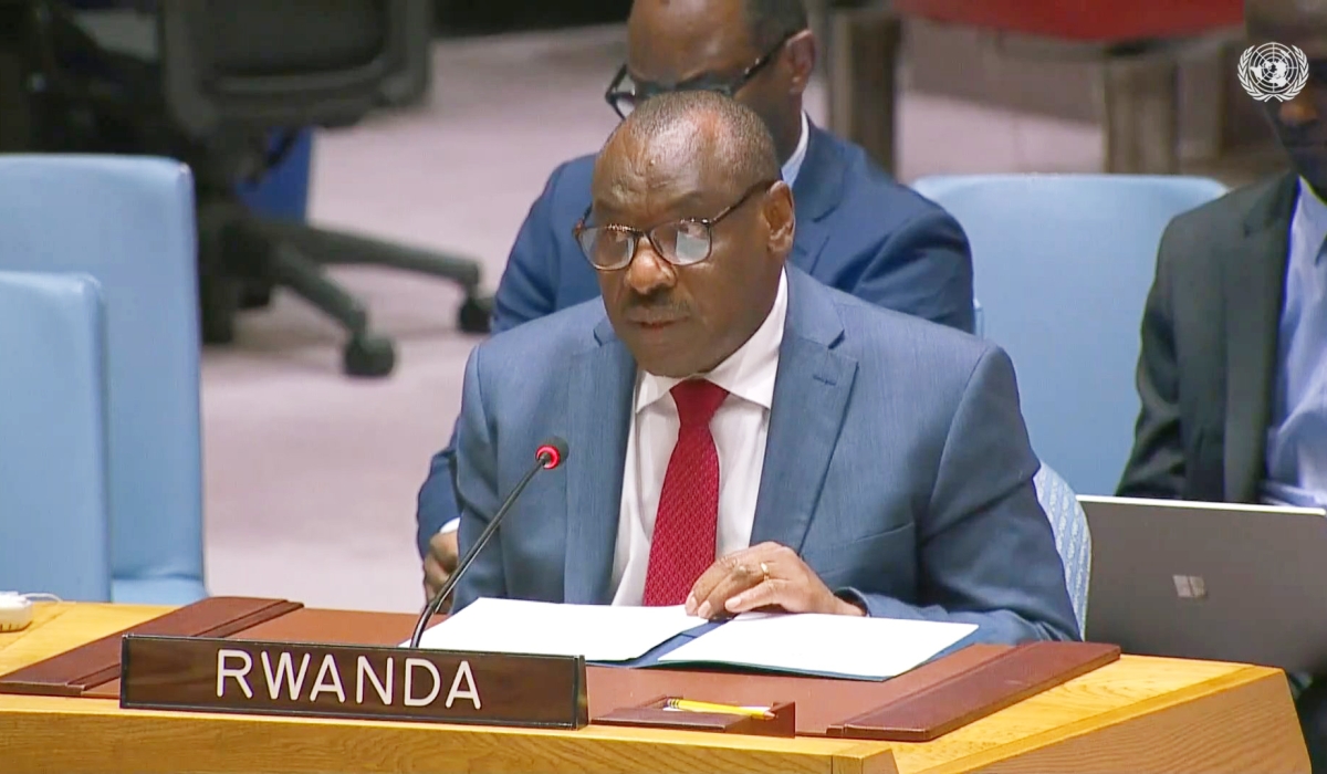 Rwanda’s Permanent Representative to the United Nations, Amb Claver Gatete delivers remarks during a UN Security Council Open Debate on the Rule of Law  in New York, on January 12. Courtesy
