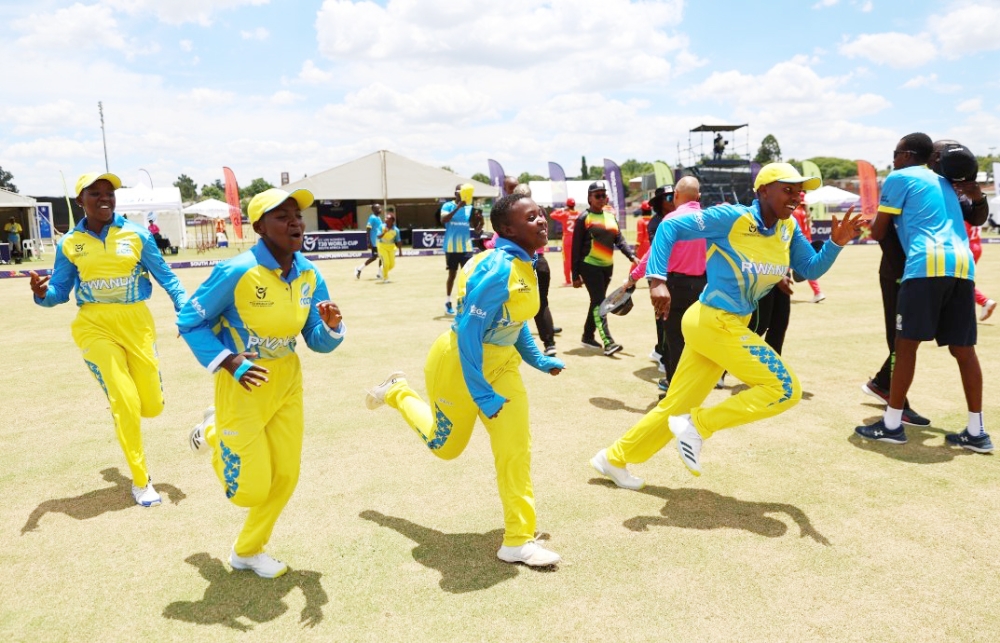 Rwanda’s U19 women national team players celebrate the crucial win as they  beat Zimbabwe by 39 runs at the ongoing U19 Women’s T20 World Cup in South Africa  on Tuesday. Courtesy