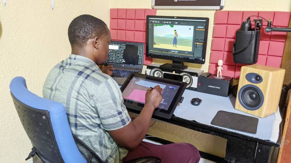 Patel Amuri while creating animations in his studio in Nyamata