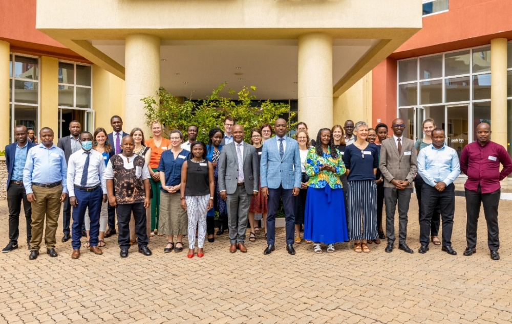 Participants pose for agroup photo at the meeting to launch the partnering that will see Belgium based Institute of Tropical Medicine (ITM) sharing best practices with Rwanda Biomedical Centre and the
