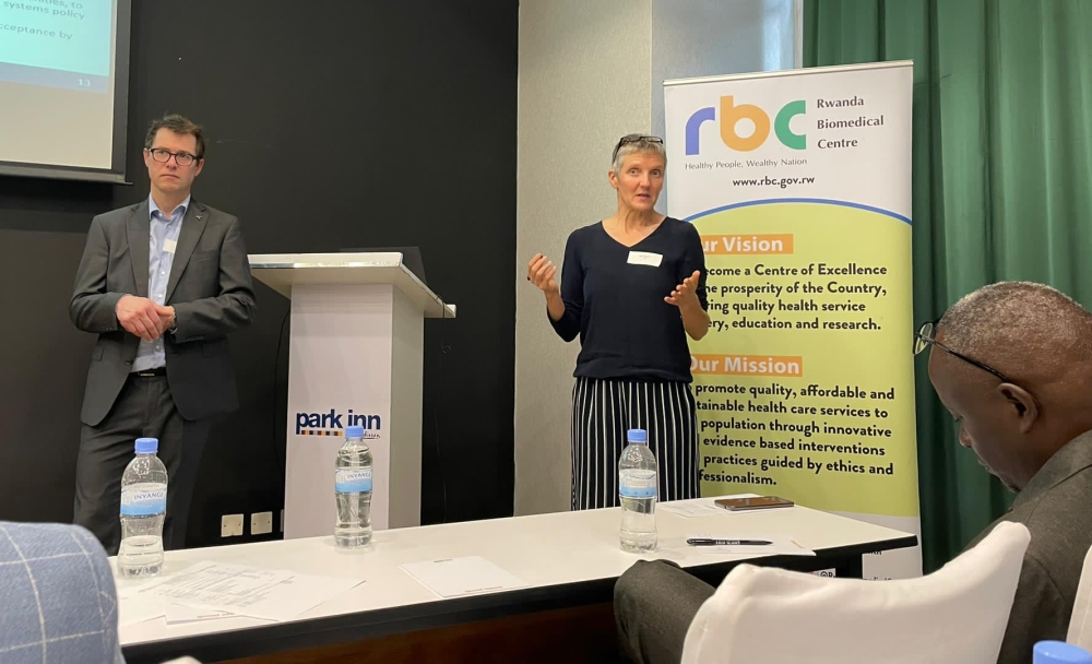 Leen Rigouts, a Senior Scientific Expert Mycobacteriology Unit at ITM (Left) speaks about the partnership  during  the launch of  the partnership between Rwanda and Belgium on Wednesday, January 18,2023. Courtesy