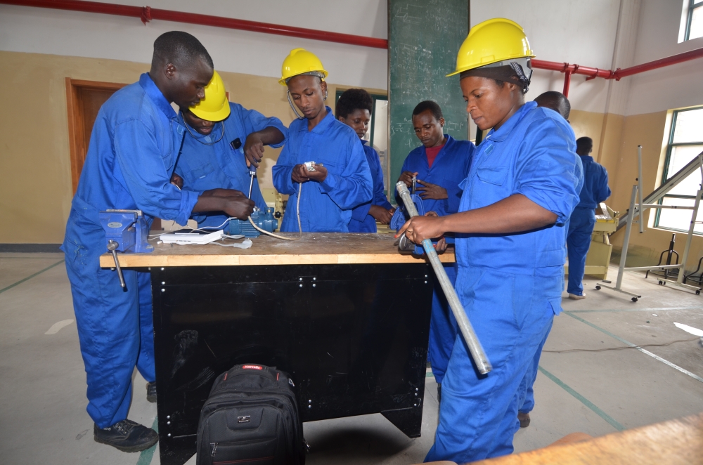 Students during a plumbing exercise at Musanze Polytechnic. The Ministry of Education  is working on assessment models that encourage teamwork, projects, and presentation skills among students. File
