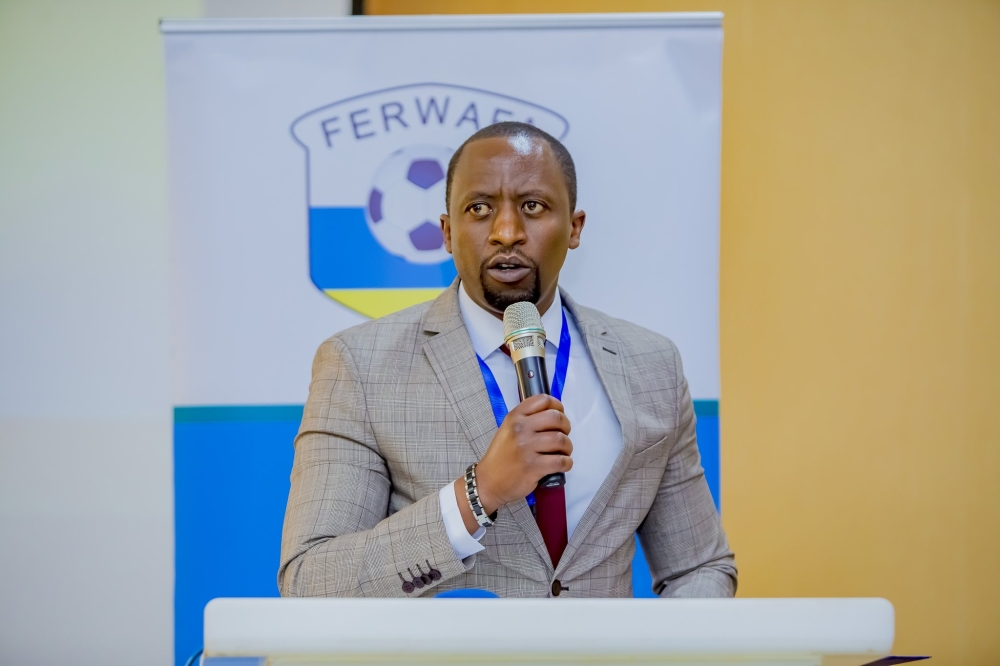 FERWAFA president Olivier Nizeyimana addresses members during the General Assembly in Kigali on Sunday January 22. FERWAFA has announced that a budget of Rwf8,140,773,630 will be spent during the 2023 fiscal year.