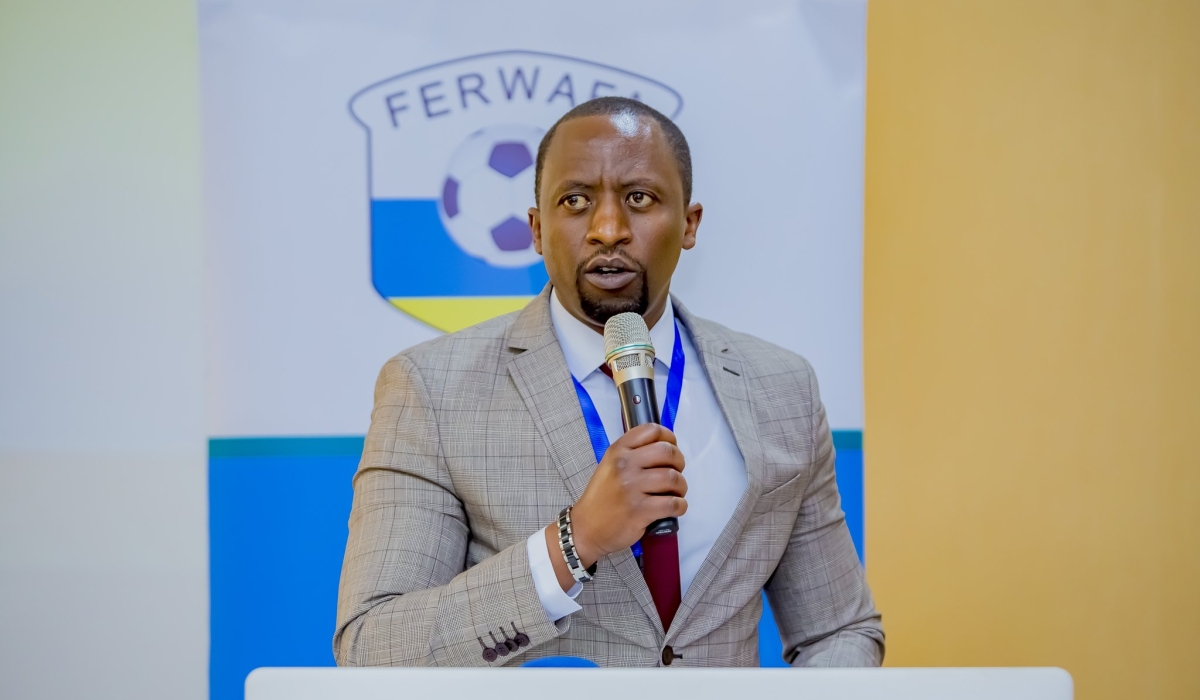 FERWAFA president Olivier Nizeyimana addresses members during the General Assembly in Kigali on Sunday January 22. FERWAFA has announced that a budget of Rwf8,140,773,630 will be spent during the 2023 fiscal year.