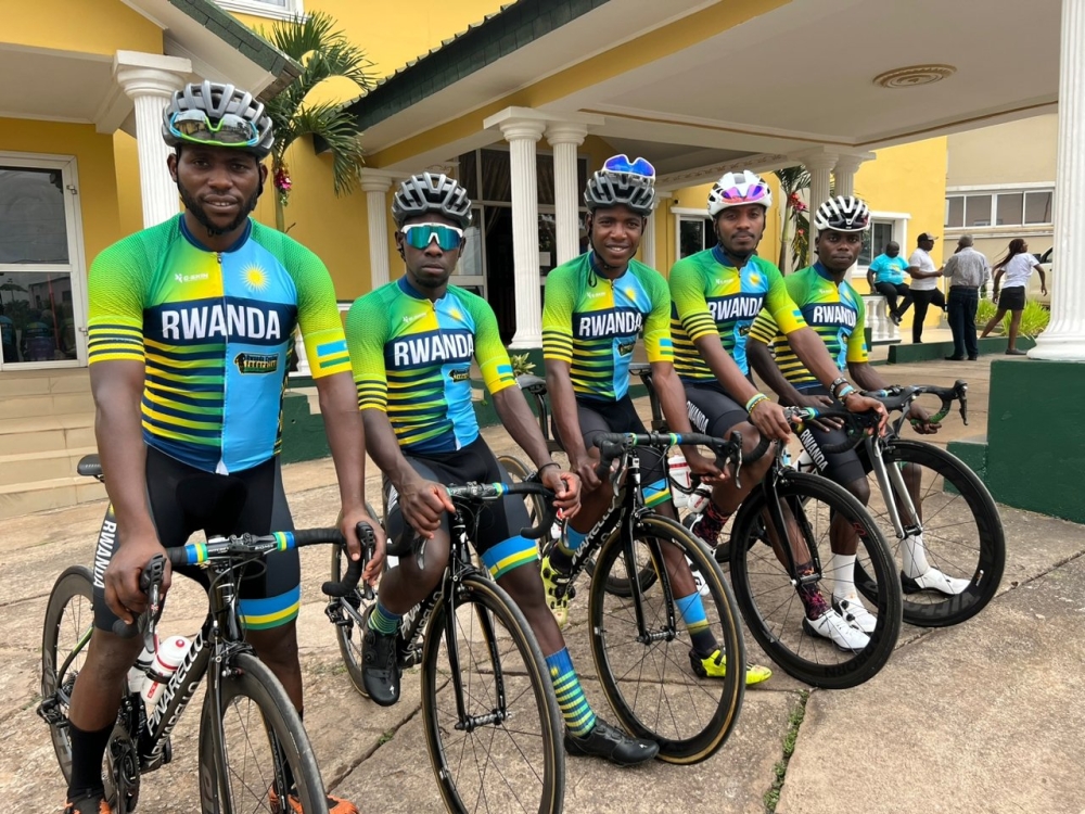 Team Rwanda cyclists who represent Rwanda during La Tropicale 2023 edition before a training session in Gabon on Sunday, January 22. Courtesy