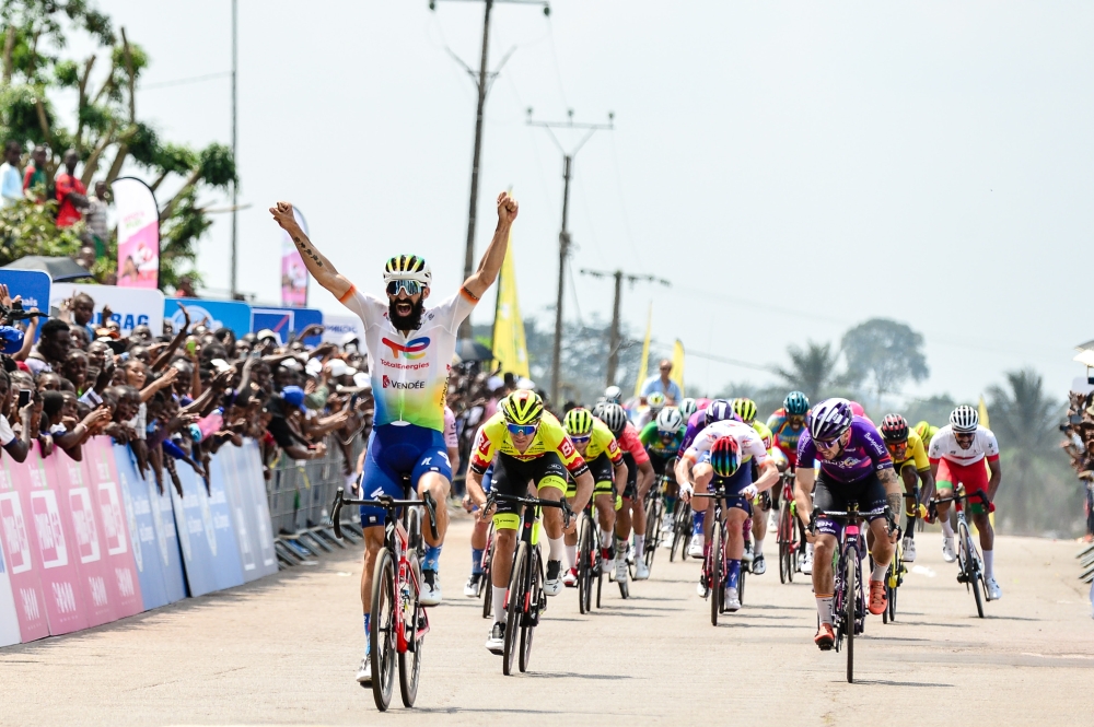 Geoffrey Soupe, Total Energies team&#039;s icon celebrates the victory after winning Stage One of La Tropicale Amissa Bongo in a thrilling sprint to the finish line at Oyem  on Monday January 23. Courtesy