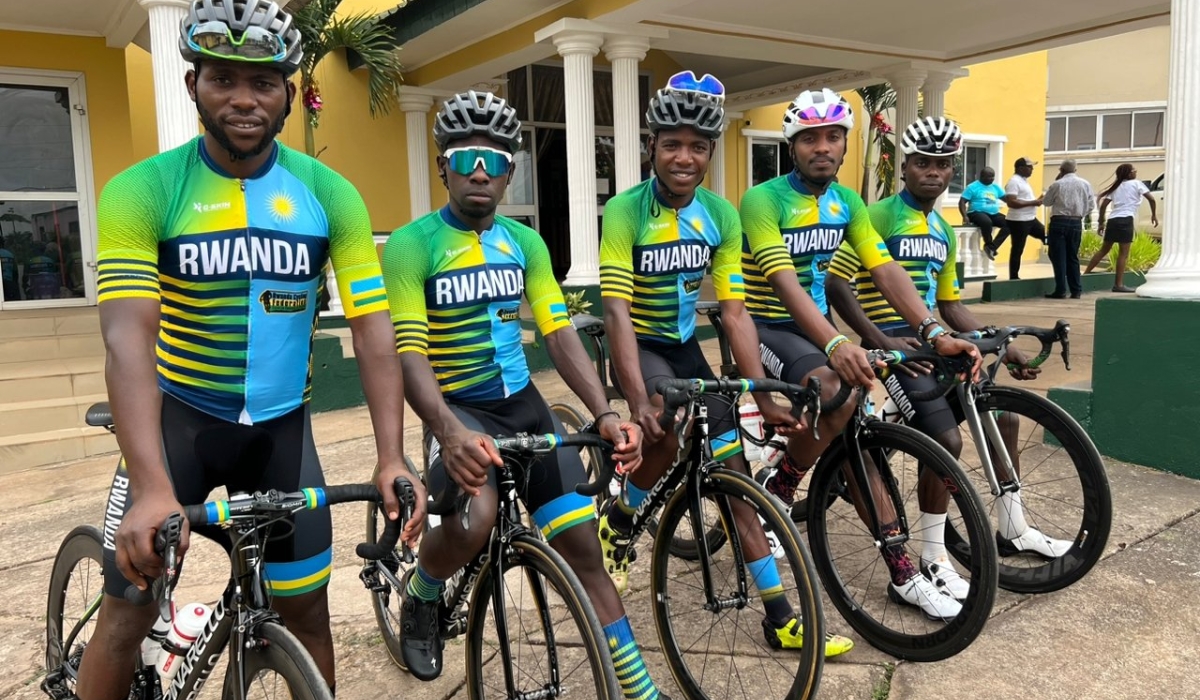 Team Rwanda cyclists who represent Rwanda during La Tropicale 2023 edition before a training session in Gabon on Sunday, January 22. Courtesy
