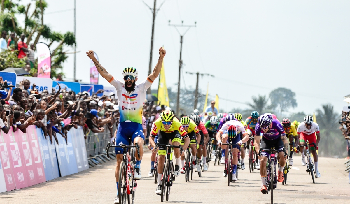 Geoffrey Soupe, Total Energies team&#039;s icon celebrates the victory after winning Stage One of La Tropicale Amissa Bongo in a thrilling sprint to the finish line at Oyem  on Monday January 23. Courtesy