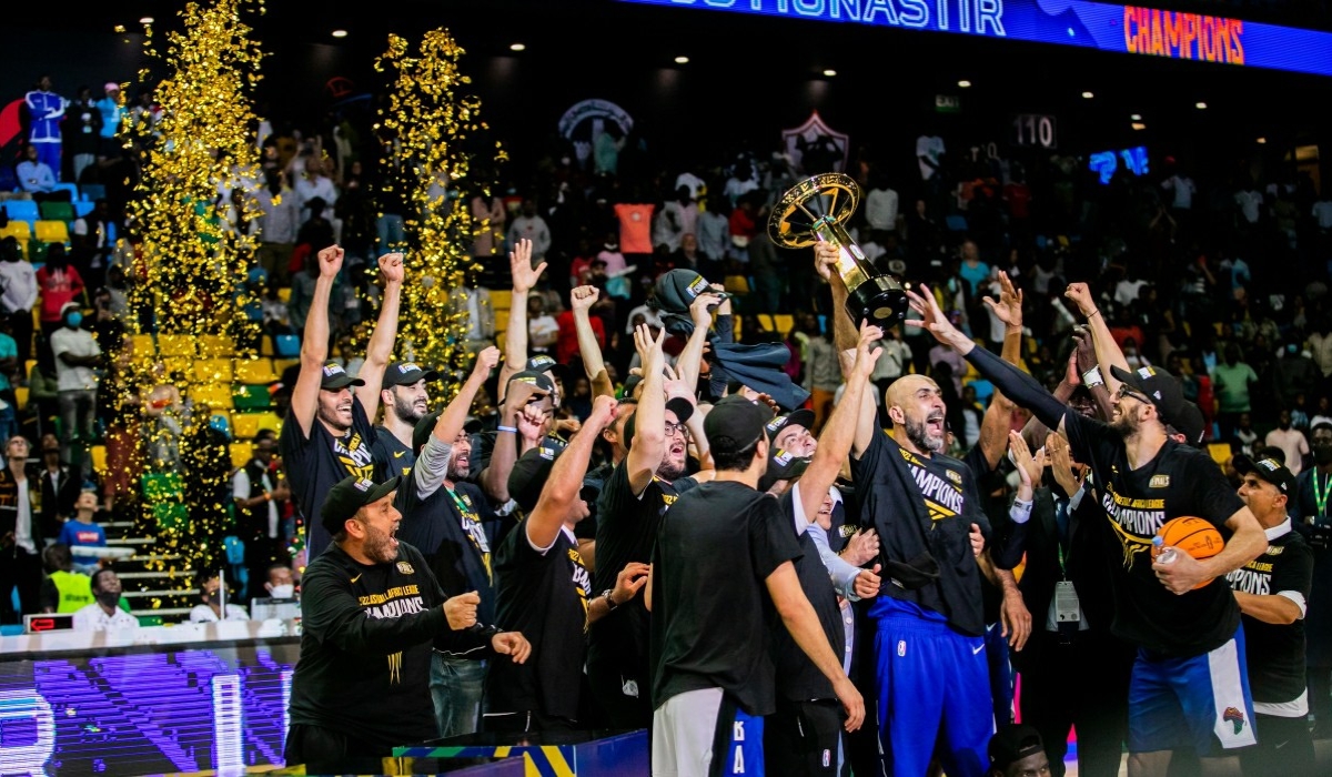 US Monastir giants celebrate the victory as they defeated Angola’s Petro de Luanda 83-72 to win the 2022 BAL Finals at BK Arena in Kigali on May 28. Olivier Mugwiza