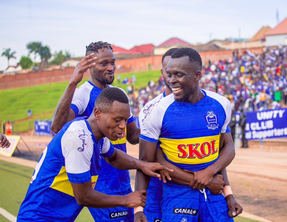 Rayon Sports players celebrate a victory. Head coach Francis Haringingo has expressed his delight after  their 4-1 victory over Musanze  at Muhanga Stadium on January 24. Courtesy
