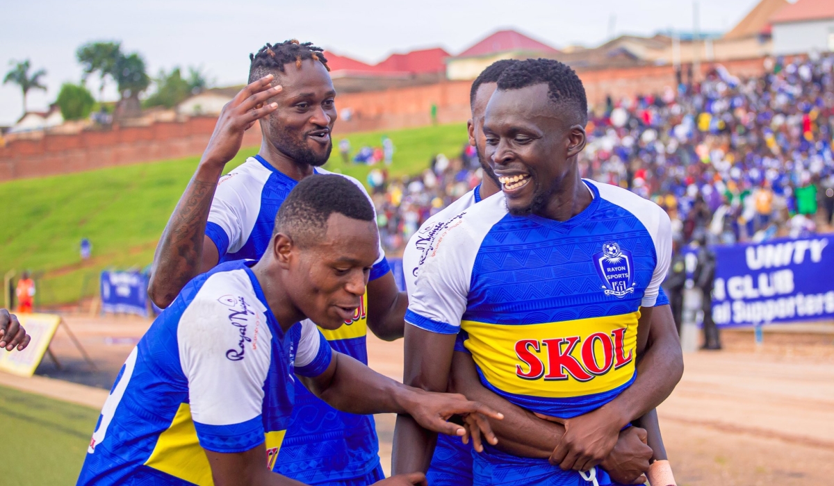 Rayon Sports players celebrate a victory. Head coach Francis Haringingo has expressed his delight after  their 4-1 victory over Musanze  at Muhanga Stadium on January 24. Courtesy