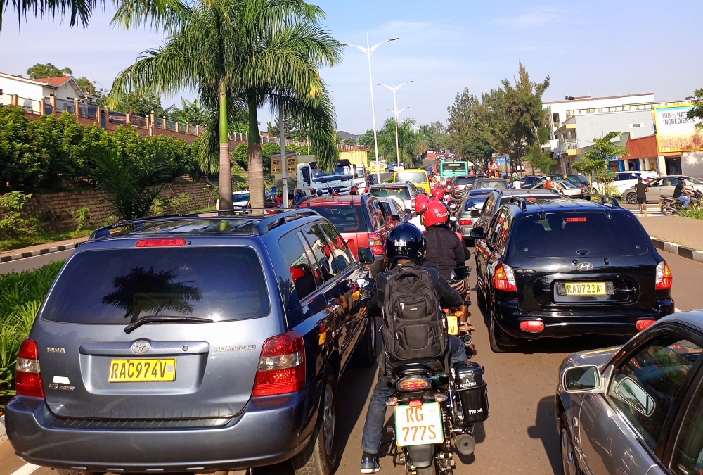 A view of  a traffic jam at Cyamitsingi in Remera. Since Rwanda adjusted school and official working hours at the beginning of 2023, traffic jams especially during peak hours has increased. Dan Kwizera