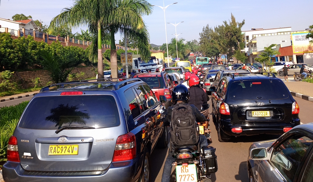 A view of  a traffic jam at Cyamitsingi in Remera. Since Rwanda adjusted school and official working hours at the beginning of 2023, traffic jams especially during peak hours has increased. Dan Kwizera