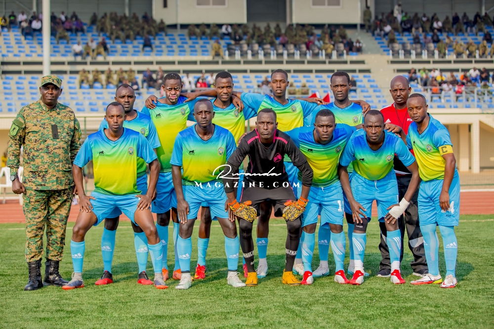 Republican Guard (RG) FC line up for the Semi-Final match. RG FC beat   Mechanized Infantry team 4-1 at Bugesera Stadium. Photo by Christophe Renzaho