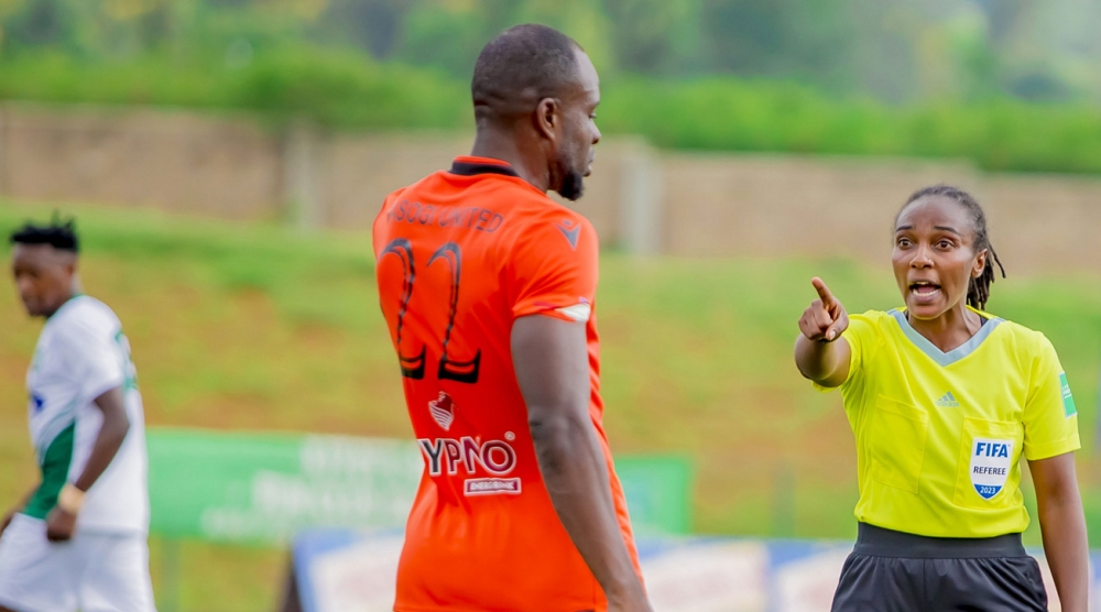 The international referee Salma Mukansanga speaks to Gasogi United&#039;s player during the game against SC Kiyovu. According to RIB spokesperson at least six Kiyovu supporters are in custody over allegedly abusing  referee Salma Mukansanga during and after the club’s league match against Gasogi United at Bugesera Stadium on January 20. Courtesy
