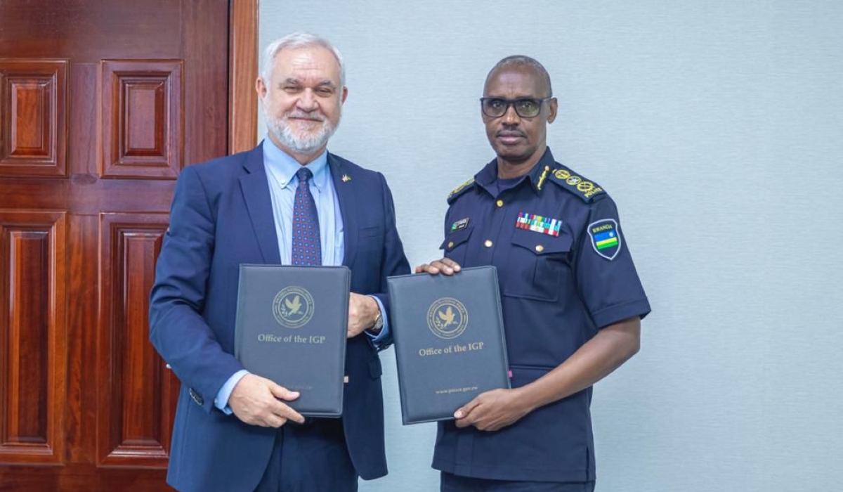 The Inspector General of Police  Dan Munyuza and Marcello Fantoni, Kent State University Vice President for Global Education after signing the agreement in Kigali on Thursday, January 26. Courtesy